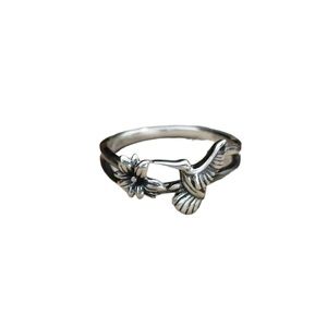 Boho Silver Hummingbird and Flower Petite Style Ring